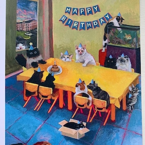 Cat Birthday Party Card, folded greeting card, party, pawty, celebrate, colorful, room, hats, cake, streamers, friendly noodles image 2