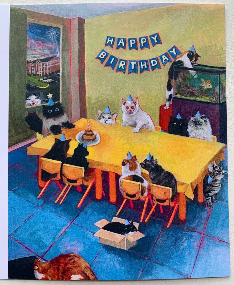 Cat Birthday Party Card, folded greeting card, party, pawty, celebrate, colorful, room, hats, cake, streamers, friendly noodles image 2