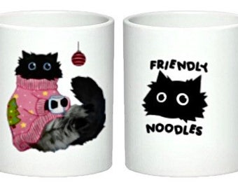 Noodle Mug, Sweater Weather, Holidays, Friendly Noodles, fluffy cat, black, stars, cute, kitty, coffee, tea