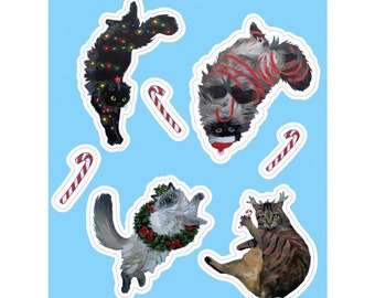 holiday cat sticker sheet, Noodle & friends, Atlas, Squid, Haku, vinyl, wreath, christmas lights, antlers, reindeer cat, ribbon, cats