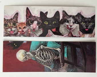 2-sided Bookmark, cats, silly, skeleton, ghost, halloween, spooky, blep, mlem, tabby, kitten, tater tot, lil bub, friendlynoodles