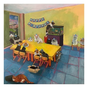 Impression de fête d'anniversaire de chat 12 x 12", mignon, aww, chats, pelucheux, floof, calicot, tigré, pawty, chapeaux, célébrer, cadeau, cadeau