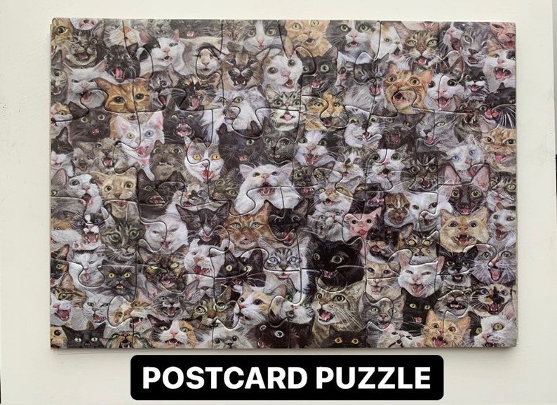 The Chorus Postcard Puzzle, cat puzzle, meowing cats, jigsaw puzzle, friendly noodles, rebeccasalinasart, cat art, painting image 1