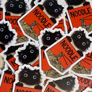 Noodle Cat Sticker, red ramen cup, noodles, big eyes, existential crisis cat, fluffy cat, chocolate point, friendly noodles