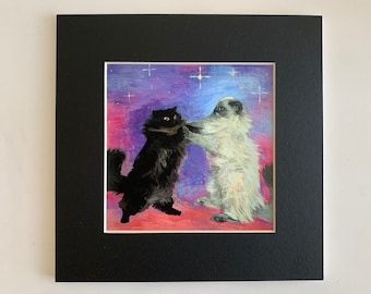 Dancing Noodlings print, kittens, dancing cat, friendly noodles, cat artwork, star, stars, starry sky, blue, painting, fluffy cat, persians