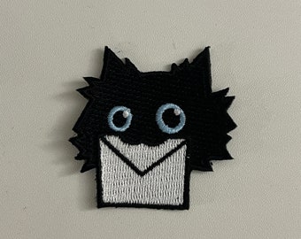 Noodle Mail iron-on patch, patches, envelope, cat, cats, friendly noodles, thread, mouf, fluffy cat, black, carrying, postal service