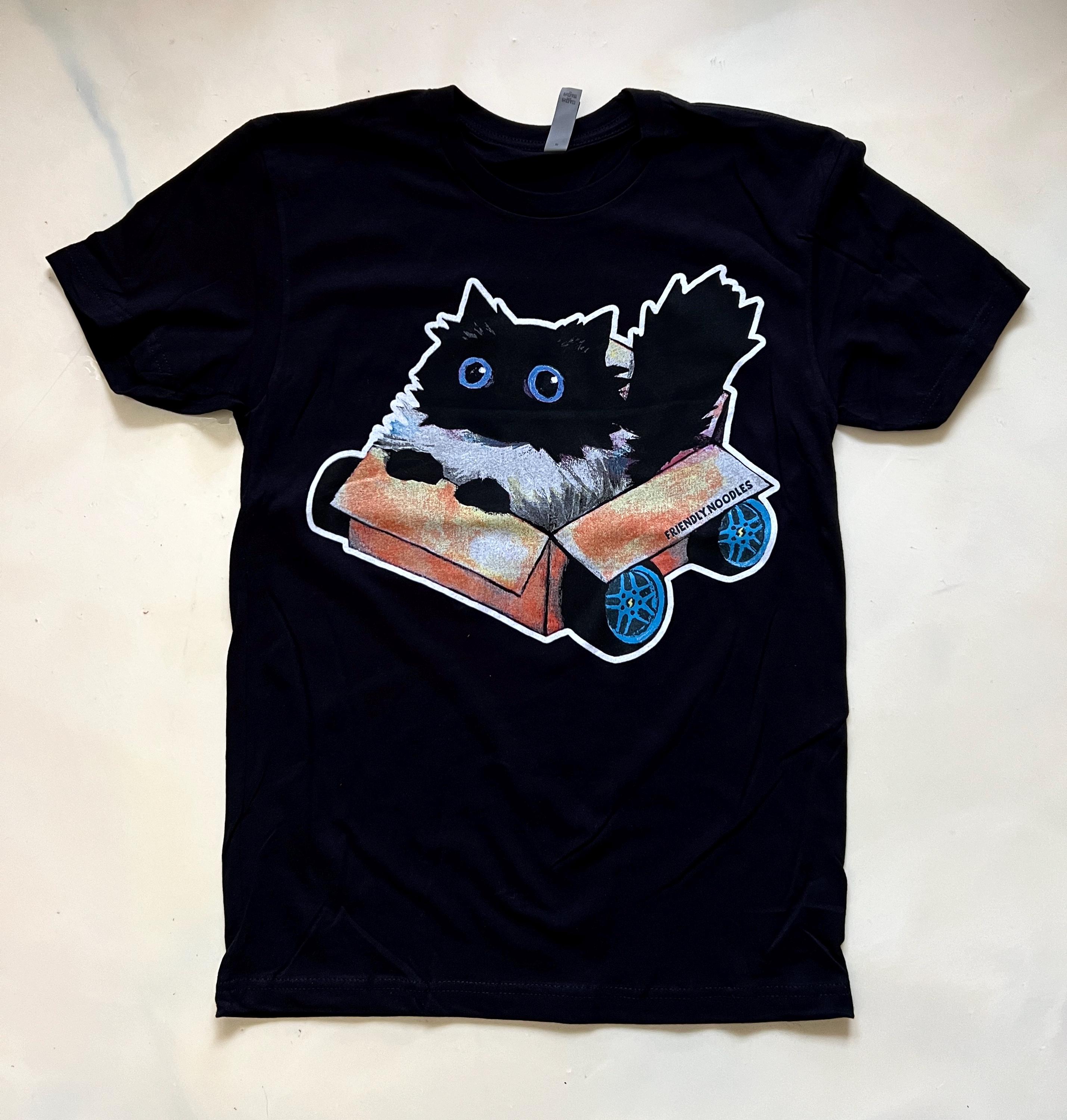 Box Car Noodle T-shirt, cat tshirt, noodle cat, black shirt, noodles, tee, fluffy cat, cat meme, blitz, wheels