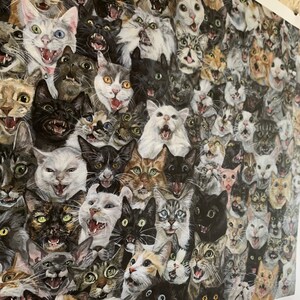 May include: A colourful painting depicting a large number of cats, each with unique fur patterns and colours, all staring directly at the viewer with open mouths, creating a playful and chaotic scene.