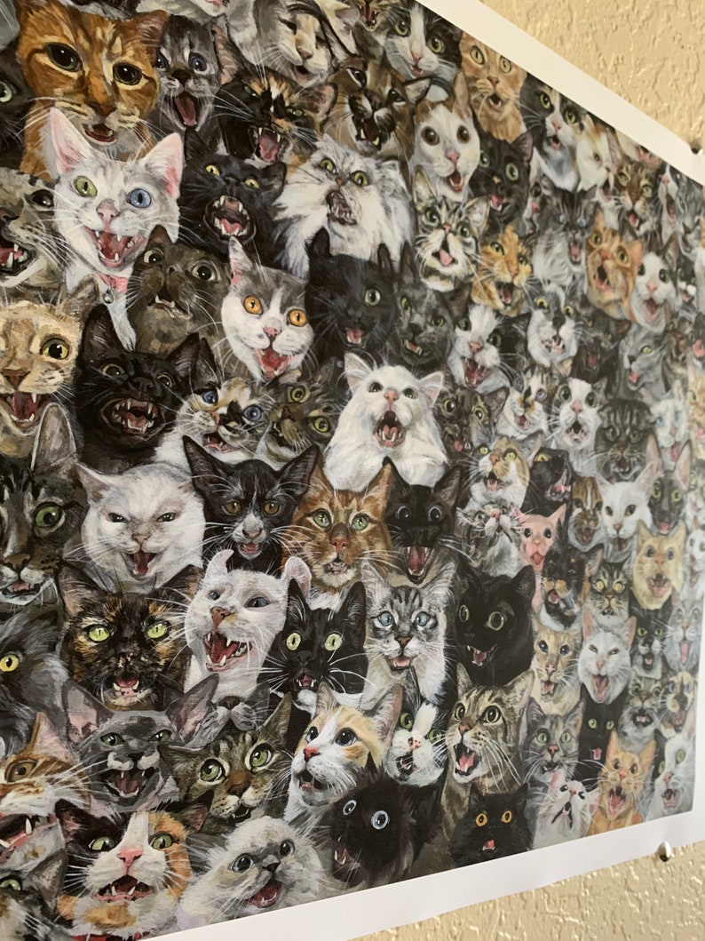 May include: A colourful painting depicting a large number of cats, each with unique fur patterns and colours, all staring directly at the viewer with open mouths, creating a playful and chaotic scene.