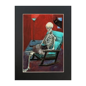 Incatpacitated 10x13&quot; print, skeleton, cat in lap, cuddle, spooky, ghost, black cat, lamp, room, painting, dark, bones