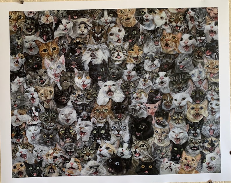May include: A collage of many cats with different coloured fur and patterns. The cats are all looking at the camera with their mouths open, as if they are meowing.