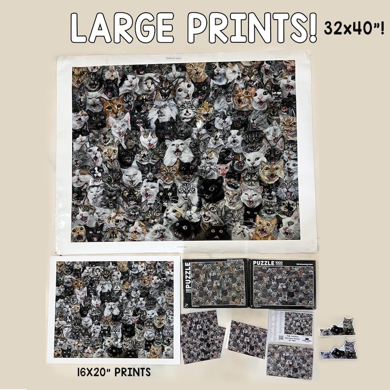 May include: A set of prints featuring a collage of cat faces. The prints are available in two sizes: 16x20 inches and 32x40 inches. The set also includes a 1000-piece jigsaw puzzle and a set of smaller prints.