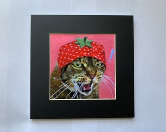 Strawberry Meow! print, cat art print, cat painting, fruit hat, cat hat, strawberry cat, funny cat art, friendly noodles, tabby cat