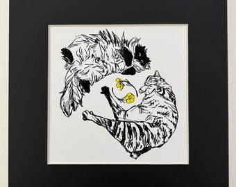 Flower Bois 8x8" print, yellow, white, flowers, daises, stretch, cuddling, painting, artwork, cat, kitty, friends, friendly noodles, atlas