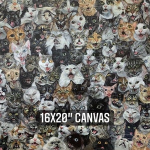 May include: A canvas print featuring a multitude of cats with open mouths, creating a chaotic and expressive pattern. The canvas measures 16x20 inches, showcasing a variety of cat breeds and colors.