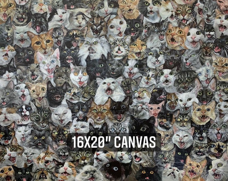 May include: A canvas print featuring a multitude of cats with open mouths, creating a chaotic and expressive pattern. The canvas measures 16x20 inches, showcasing a variety of cat breeds and colors.