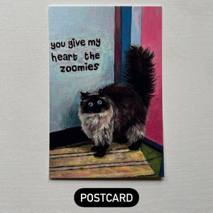 You Give My Heart The Zoomies postcard print, valentine, gift, love, cute, cat, fluffy, friendly noodles, rebecca salinas art, pink, blue