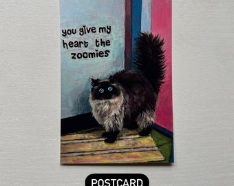 You Give My Heart The Zoomies postcard print, valentine, gift, love, cute, cat, fluffy, friendly noodles, rebecca salinas art, pink, blue