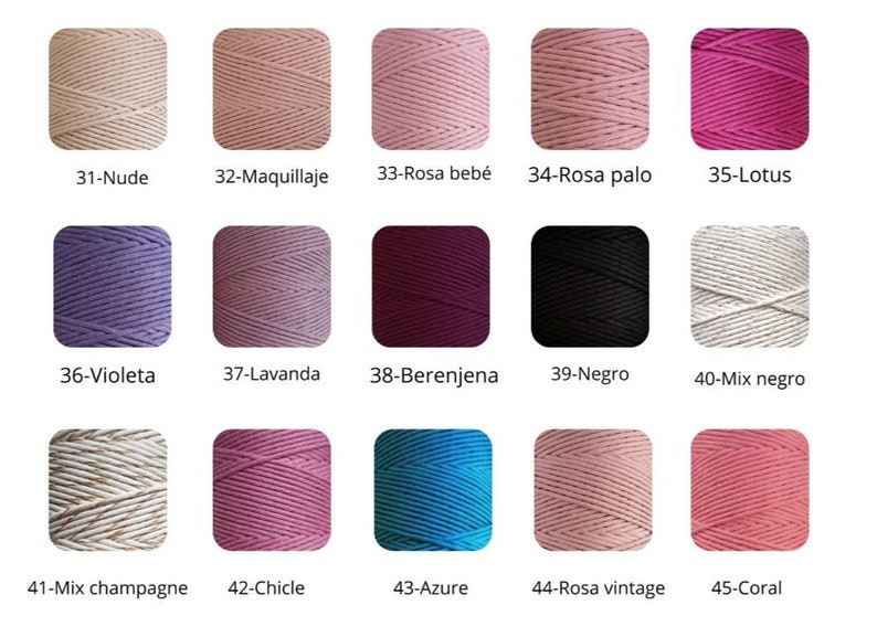 May include: A collection of 15 different colors of cotton cord, each wound into a ball. The colors include nude, pink, lavender, purple, burgundy, black, white, champagne, coral, and blue.