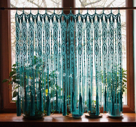 Decor macrame curtain. Turquoise Window Curtain. Macrame Curtain. Macrame wall art. Macrame Wall Hanging.