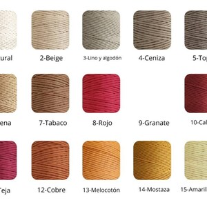 May include: A collection of 15 different colored cotton cords, each with a unique name in Spanish. The cords are arranged in a grid pattern, with each cord labeled with its corresponding number and name.
