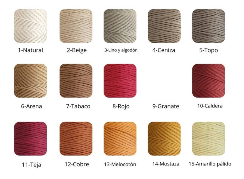 May include: A collection of 15 different colored cotton cords, each with a unique name in Spanish. The cords are arranged in a grid pattern, with each cord labeled with its corresponding number and name.