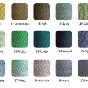 May include: A color chart of 15 different shades of yarn, including kiwi, green moss, kaki, savia, cactus, agave, mojito, abeto, pavo real, tejano, celeste, mint, aluminio, acero, and plomo.