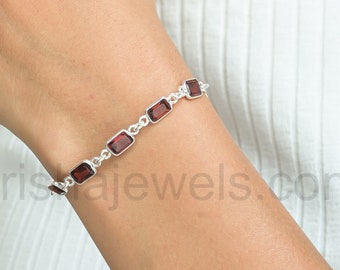 Cut Red Garnet 925 Sterling Silver Baguette Shape Adjustable Bracelet, Red Stone Bracelet, January Birthstone Jewelry