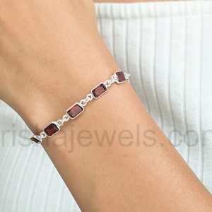 Cut Red Garnet 925 Sterling Silver Baguette Shape Adjustable Bracelet, Red Stone Bracelet, January Birthstone Jewelry