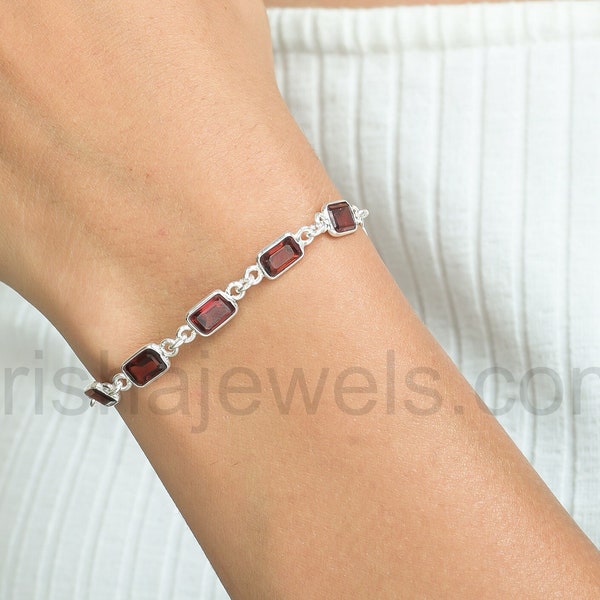 Cut Red Garnet 925 Sterling Silver Baguette Shape Adjustable Bracelet, Red Stone Bracelet, January Birthstone Jewelry