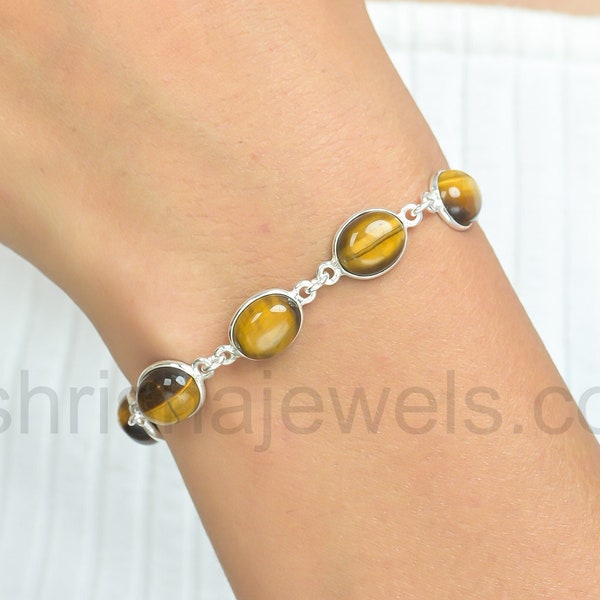 Brown Tiger Eye Gemstone 925 Sterling Silver Oval Shape Adjustable Bracelet, Silver Bracelet For Women, Gemini Birthstone Bracelet