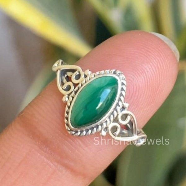 Green Malachite 925 Silver Ring Marquise Shape Handmade Dainty Ring For Her Gemstone Ring For Women