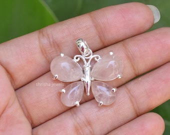 Rose Quartz Butterfly Pendant 925 Sterling Silver Butterfly Pendant Minimalist Jewelry Gemstone Butterfly Necklace