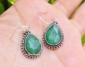 Emerald Earrings 925 Sterling Silver Emerald Pear Earrings Handmade Earrings Gift For Mom Artisan Earrings