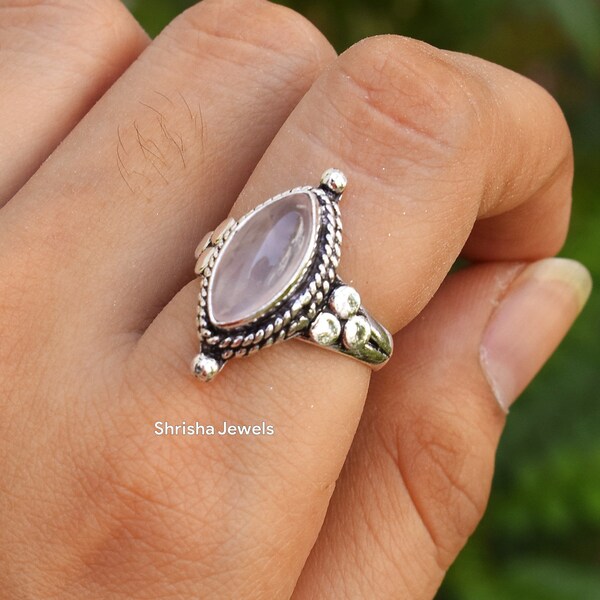 Natural Pink Rose Quartz 925 Sterling Silver Marquise Rose Quartz Gemstone Ring, Handmade Rose Quartz Ring, Gift For Mom, Statement Ring