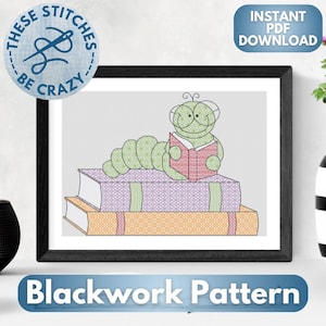 Bookworm - Blackwork Pattern (PDF Download) book lover reading hobby chart craft cross stitch embroidery gift by These Stitches Be Crazy