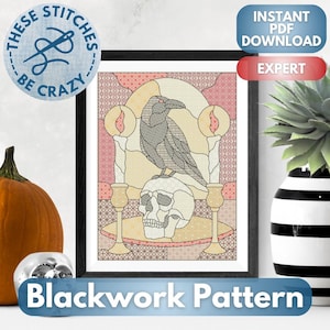 Stained Glass Raven - Blackwork Pattern (PDF Download)