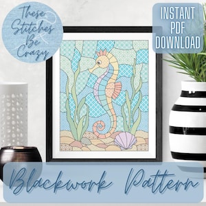 Gebrandschilderd zeepaardje - Blackwork-patroon (pdf-download) dier zeedierenkaart ambachtelijk kruissteek borduren cadeau van deze steken Be Crazy