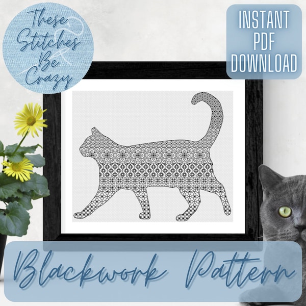 Elegant Cat - Blackwork Pattern (PDF Download) cute animal pet pretty chart craft cross stitch embroidery gift by These Stitches Be Crazy