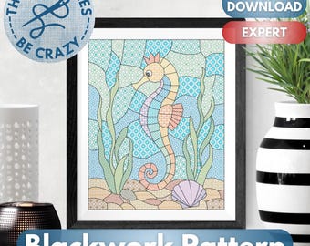 Stained Glass Seahorse - Blackwork Pattern by These Stitches Be Crazy