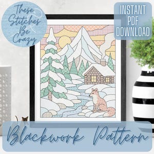 Vitral Snowy Peaks - Padrão Blackwork (Download em PDF) gráfico de cabana de inverno com raposa em ponto cruz bordado presente por These Stitches Be Crazy