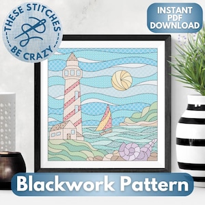 Stained Glass Lighthouse - Blackwork Pattern (PDF Download) sea boat sun chart craft cross stitch embroidery gift by These Stitches Be Crazy