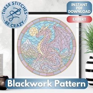 May include: A circular blackwork embroidery pattern featuring a dragon perched on a rock, set against a backdrop of mountains, water, and a sun. The design uses a stained glass style with intricate geometric lines in shades of pink, blue, and tan.