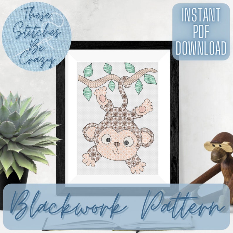 blackwork pattern of a cheeky brown monkey with big ears hanging upside down by the tail from a tree branch with green leaves with intricate fill patterns