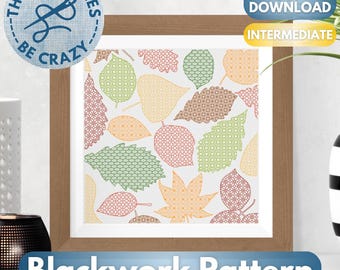 秋の葉 - These Stitches Be Crazyによるブラックワークパターン