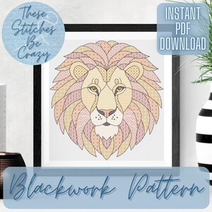 Majestic Lion - Blackwork Pattern PDF Download Katze Tiergesicht Kreuzstich Stickvorlage Stickbild Kreuzstich Stickanleitung