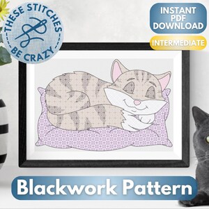 Sleeping Tabby Cat - Blackwork Pattern by These Stitches Be Crazy