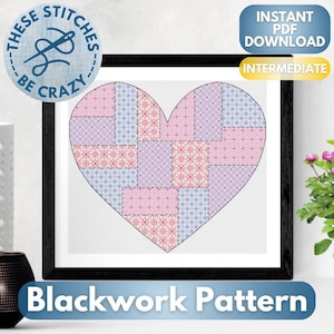 Coração de Patchwork - Padrão Blackwork por These Stitches Be Crazy
