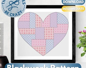 Serce z patchworku – wzór Blackwork od These Stitches Be Crazy