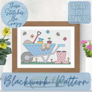 Gardening - Blackwork Pattern (PDF Download) hobby garden tools flower insect chart cross stitch embroidery gift by These Stitches Be Crazy